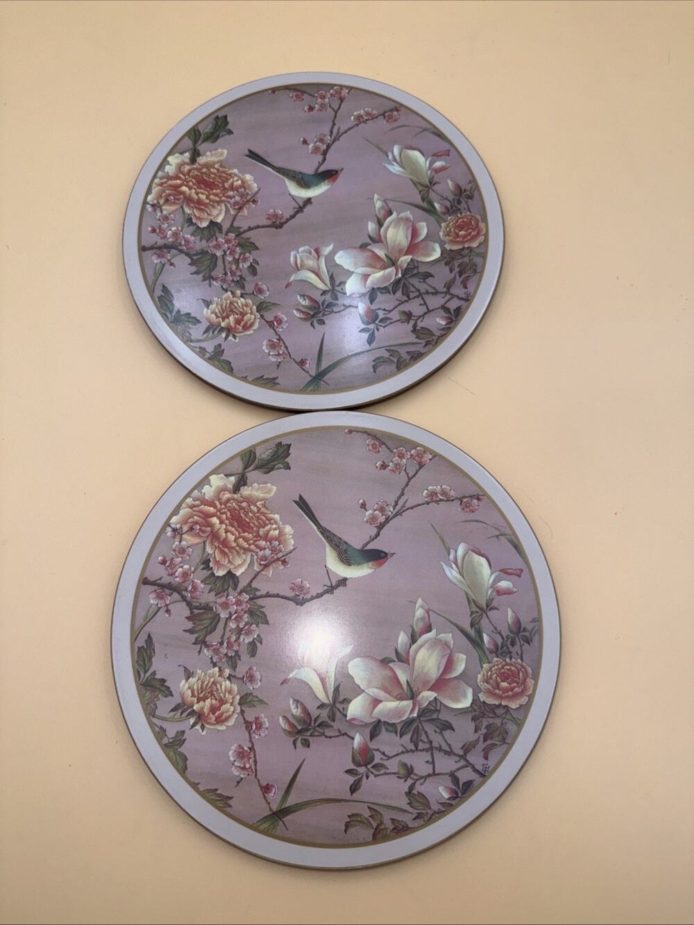Set Of 2 Pimpernel Round Placemats Oriental Spring Birds Flowers Corkboard 10"